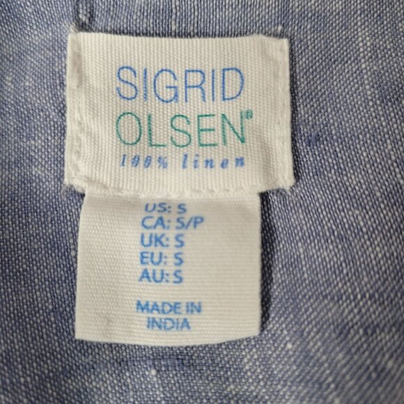 Sigrid Olsen 100% Linen Blue Long Sleeve Button-Up Shirt w/Button freature - Picture 3 of 12